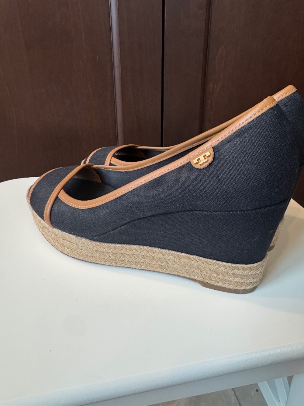 Tory Burch Black Canvas Espadrille Wedge with Tan Trim